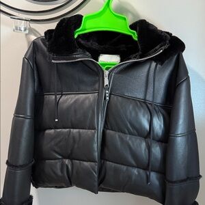 Rebbeca Minkoff Black Puffer Jacket with Faux Fur Trim